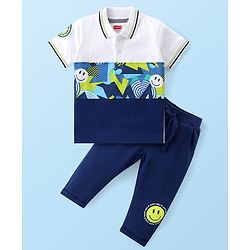 Babyhug Single Jersey Knit Half Sleeves Cut and Sew Polo T-Shirt with Lounge Pants with Smiley Print - White & Navy Blue