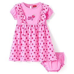 Babyhug Cotton Knit Half Sleeves Frill Detailing Strawberry Printed  Frock with Bloomer -  Pink