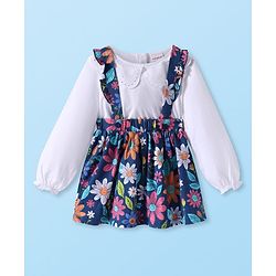 Babyhug Single Jersey Knit Full Sleeves Solid Colour Top & Skirt With Floral Print - White & Navy Blue