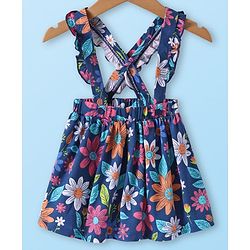 Babyhug Single Jersey Knit Full Sleeves Solid Colour Top & Skirt With Floral Print - White & Navy Blue