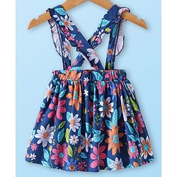 Babyhug Single Jersey Knit Full Sleeves Solid Colour Top & Skirt With Floral Print - White & Navy Blue