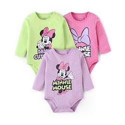 Babyhug Disney 100% Cotton Knit Full Sleeves Onesies Minnie Mouse Graphics Pack of 3- Pink Green & Purple