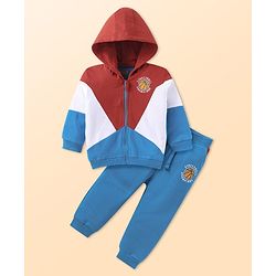 Babyhug Terry Knit Full Sleeves Hooded Sweatjacket & Lounge Pant With Cut & Sew Design & Text Embroidery - Blue