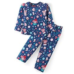 Babyhug Cotton Knit Full Sleeves Night Suit With Christmas Theme Print - Navy