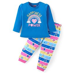 Babyhug Cotton Knit Full Sleeves Night Suit With Text & Stripes Print - Blue