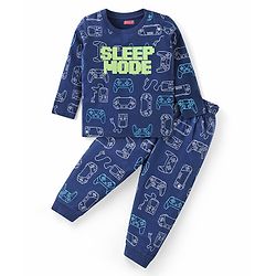 Babyhug Cotton Knit Full Sleeves Night Suit With Gaming Theme Print - Navy
