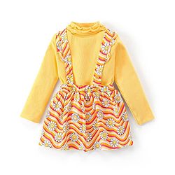 Babyhug Cotton Knit Full Sleeves Top & Floral Printed Skirt With Suspender - Yellow