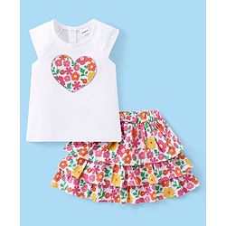 Babyhug Cotton Knit Cap Sleeves Top & Layered Skirt With Floral Print - White