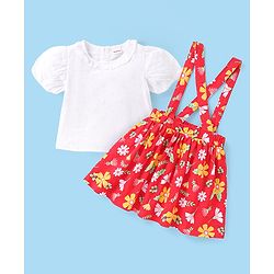 Babyhug Cotton Knit Half Sleeves Schiffli Top & Floral Printed Skirt With Suspender - White & Red