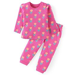 Babyhug Cotton Knit Full Sleeves Floral Printed Night Suit - Pink