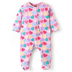 Babyhug Cotton Knit Full Sleeves Sleep Suit With Hearts Print - Pink