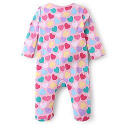 Babyhug Cotton Knit Full Sleeves Sleep Suit With Hearts Print - Pink