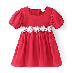 Babyhug Cotton Knit Half Sleeves Solid Color Frock with Floral Lace Detailing - Red