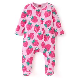 Babyhug Cotton Knit Full Sleeves Sleep Suit With Strawberry Print - Pink