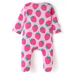 Babyhug Cotton Knit Full Sleeves Sleep Suit With Strawberry Print - Pink