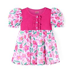 Babyhug Cotton Knit Puffed Sleeves Frock with Frill Detailing Floral Print - Dark Pink & White