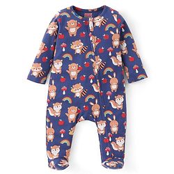 Babyhug Cotton Knit Full Sleeves Footed Sleep Suit with Bear & Fox Print - Navy Blue