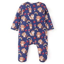 Babyhug Cotton Knit Full Sleeves Footed Sleep Suit with Bear & Fox Print - Navy Blue
