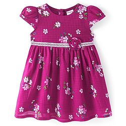 Babyhug Cotton Knit Cap Sleeves Checkered Frock With Floral Print & Applique - Dark Pink