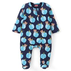 Babyhug Cotton Knit Full Sleeves Printed Sleep Suit - Navy
