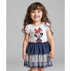 Babyhug Disney Single Jersey Knit Half Sleeves Tiered Frock With Minnie Mouse Graphics & Mesh Detailing - Blue & White