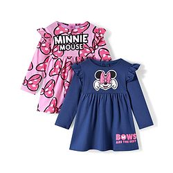 Babyhug Disney Single Jersey Knit Full Sleeves Frocks With Minnie Mouse Graphics & Frill Detailing Pack of 2 - Pink & Navy Blue