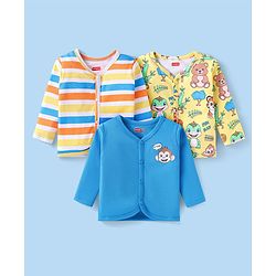 Babyhug 100% Cotton Antibacterial Front Open Vests Animal Print Pack of 3 - Blue & Yellow