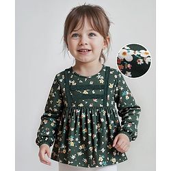 Babyhug Rayon Woven Full Sleeves Top With Floral Print & Lace Detailing - Dark Green
