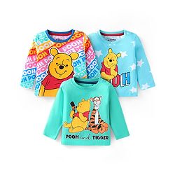 Babyhug Disney Single Jersey Knit Full Sleeves T-Shirts With Winnie The Pooh Graphics Pack of 3 - Light Blue & Green