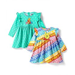 Babyhug Single Jersey Knit Full Sleeves Frocks With Winnie The Pooh Graphics & Frill Detailing Pack of 2 - Sea Green & Blue