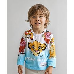 Babyhug Disney Knit Full Sleeves T-Shirt with The Lion King Graphics and badge detailing- White & Blue