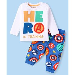 Babyhug Marvel Single Jersey Knit Full Sleeves Night Suit With Avengers Graphics - White & Blue