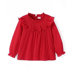 Babyhug Rayon Woven Full Sleeves Solid Colour Top with Bow Applique & Frill Detailing - Red