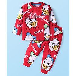 Babyhug Disney Cotton Knit Full Sleeves Night Suit With Donald Duck & Friends Print - Red