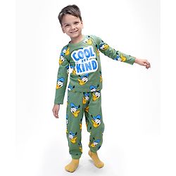 Babyhug Disney Single Jersey Knit Full Sleeves Night Suit with Donald Duck Graphics- Olive Green