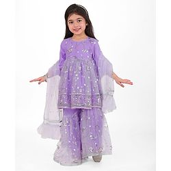 Babyhug Woven Three Fourth Sleeves Sequinned Kurta Gharara Set with Net Dupatta-Lavender
