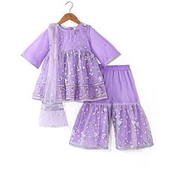 Babyhug Woven Three Fourth Sleeves Sequinned Kurta Gharara Set with Net Dupatta-Lavender