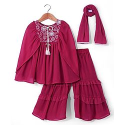 Babyhug Woven Cape Sleeves Kaftan Style Kurti Gharara Set with Dupatta & Sequin Embroidery - Hot Pink