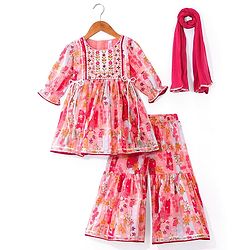 Babyhug Cotton Woven Peasant Sleeves Floral Printed Kurti Gharara & Dupatta Set with Tassle Detailing - Peach
