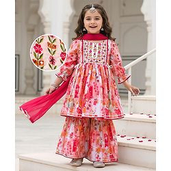 Babyhug Cotton Woven Peasant Sleeves Floral Printed Kurti Gharara & Dupatta Set with Tassle Detailing - Peach