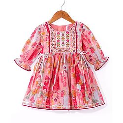 Babyhug Cotton Woven Peasant Sleeves Floral Printed Kurti Gharara & Dupatta Set with Tassle Detailing - Peach