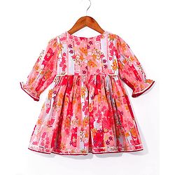 Babyhug Cotton Woven Peasant Sleeves Floral Printed Kurti Gharara & Dupatta Set with Tassle Detailing - Peach