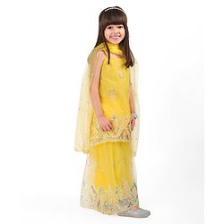 Babyhug Woven Sleeveless Net Sequins Embroidered Kurti Palazzo Set with Dupatta - Yellow