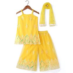 Babyhug Woven Sleeveless Net Sequins Embroidered Kurti Palazzo Set with Dupatta - Yellow