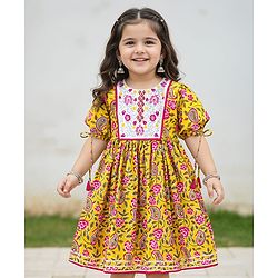 Babyhug Cotton Woven Short Sleeves Cambric Floral Printed Ethnic Dress with Embroidery - Yellow