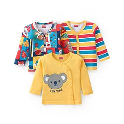 Babyhug 100% Cotton Knit Full Sleeves Striped & Koala Bear Printed Vests Pack of 3 - Red & Mustard