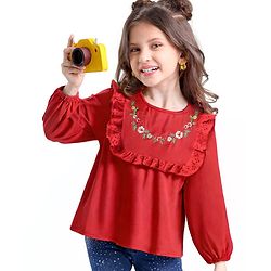 Babyhug Rayon Woven Full Sleeves Top with Frills & Foral Embroidery - Red