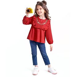 Babyhug Rayon Woven Full Sleeves Top with Frills & Foral Embroidery - Red