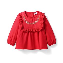 Babyhug Rayon Woven Full Sleeves Top with Frills & Foral Embroidery - Red