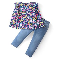 Babyhug Cotton Knit Full Sleeves Frill Detailed Floral Printed Top & Denim Jeans Set - Navy